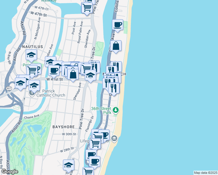 map of restaurants, bars, coffee shops, grocery stores, and more near 3901 Indian Creek Drive in Miami Beach