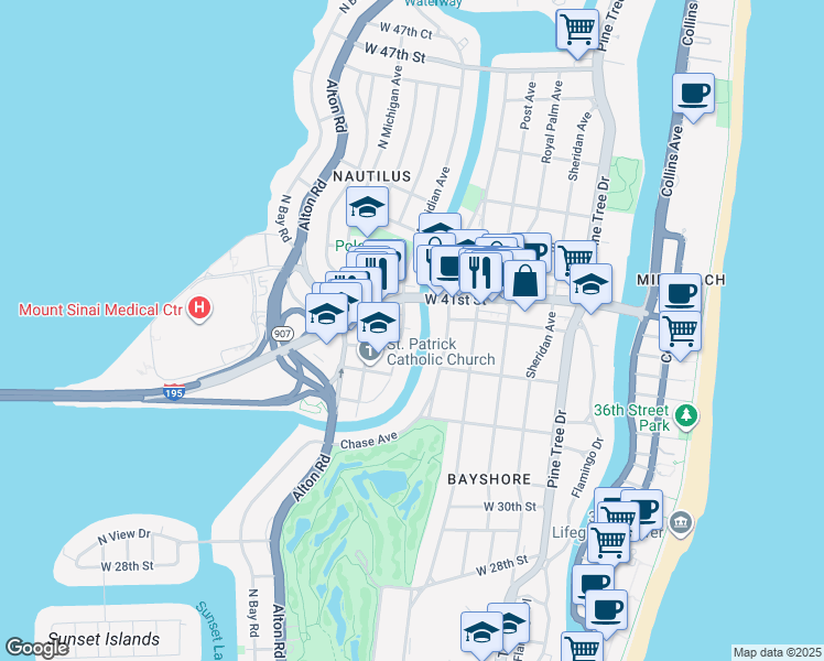 map of restaurants, bars, coffee shops, grocery stores, and more near 3915 Meridian Avenue in Miami Beach