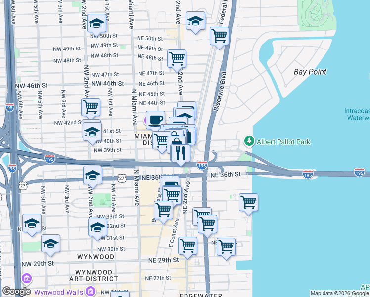 map of restaurants, bars, coffee shops, grocery stores, and more near 3800-3818 Northeast 2nd Avenue in Miami