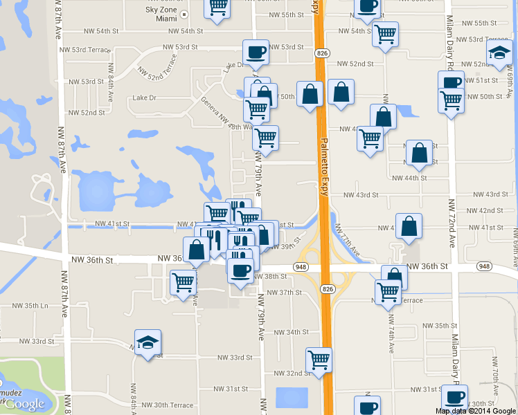 map of restaurants, bars, coffee shops, grocery stores, and more near 4081 Northwest 79th Avenue in Doral