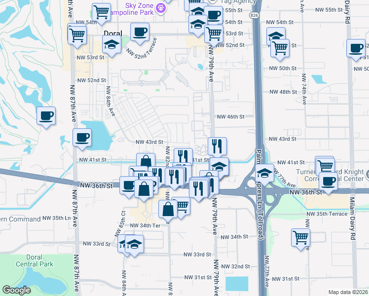 map of restaurants, bars, coffee shops, grocery stores, and more near 8045 Northwest 36th Street in Doral