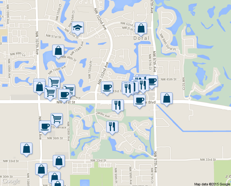 map of restaurants, bars, coffee shops, grocery stores, and more near 10015 Northwest 41st Street in Doral