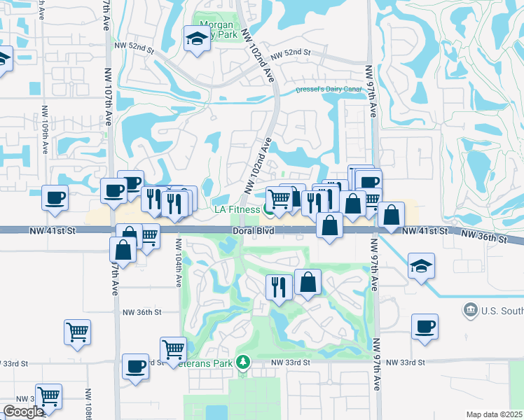 map of restaurants, bars, coffee shops, grocery stores, and more near 10195 Northwest 41st Street in Doral