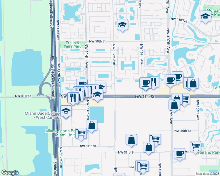 map of restaurants, bars, coffee shops, grocery stores, and more near 11260 Northwest 42nd Terrace in Doral