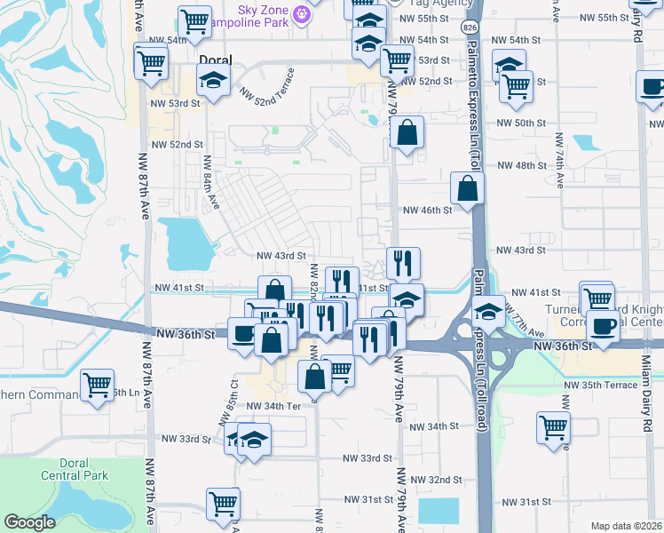 map of restaurants, bars, coffee shops, grocery stores, and more near 8045 Northwest 36th Street in Doral