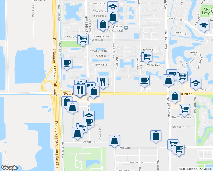 map of restaurants, bars, coffee shops, grocery stores, and more near 11260 Northwest 42nd Terrace in Doral