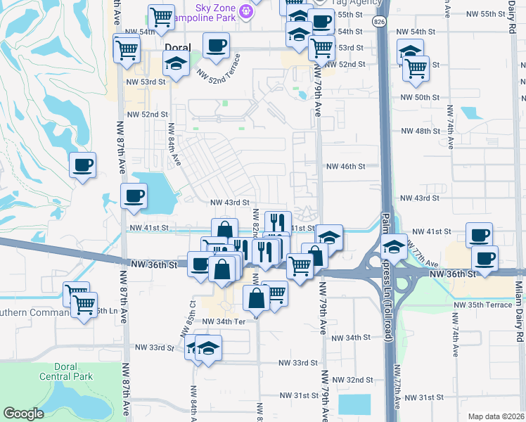 map of restaurants, bars, coffee shops, grocery stores, and more near 4100 Northwest 82nd Avenue in Doral