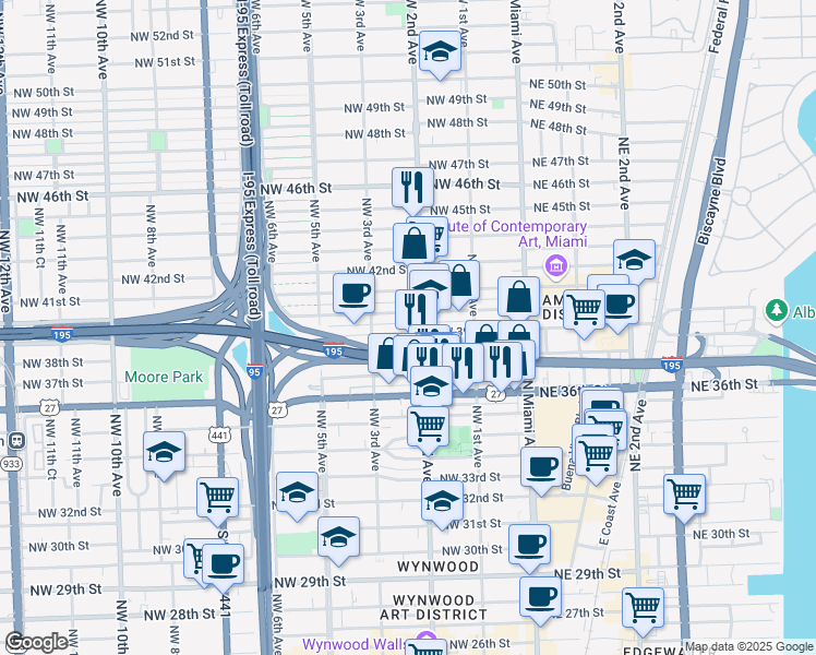 map of restaurants, bars, coffee shops, grocery stores, and more near 246 Northwest 39th Street in Miami