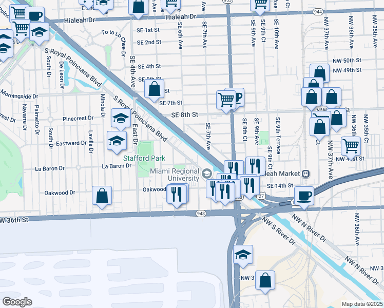 map of restaurants, bars, coffee shops, grocery stores, and more near 633 South Royal Poinciana Boulevard in Miami Springs