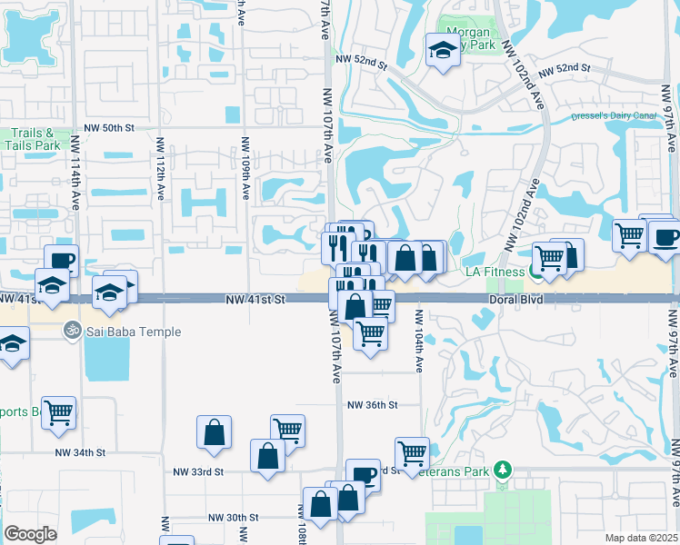 map of restaurants, bars, coffee shops, grocery stores, and more near 10601 Northwest 41st Street in Doral