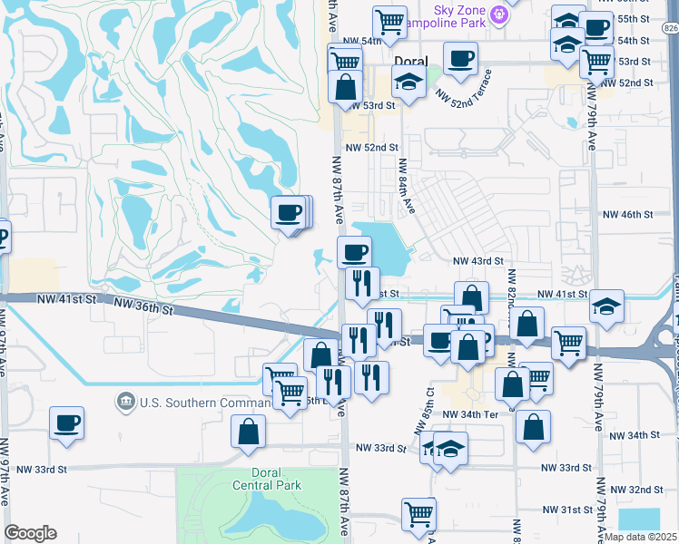 map of restaurants, bars, coffee shops, grocery stores, and more near 4175 Northwest 87th Avenue in Doral