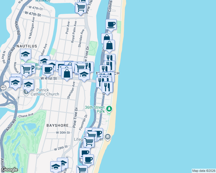 map of restaurants, bars, coffee shops, grocery stores, and more near 4041 Collins Avenue in Miami Beach