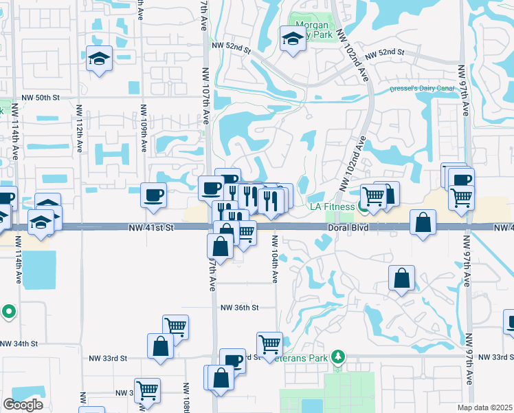map of restaurants, bars, coffee shops, grocery stores, and more near 10455 Northwest 41st Street in Doral