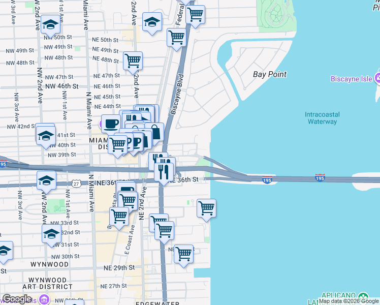map of restaurants, bars, coffee shops, grocery stores, and more near 531 Northeast 39th Street in Miami