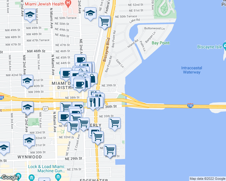 map of restaurants, bars, coffee shops, grocery stores, and more near 531 Northeast 39th Street in Miami