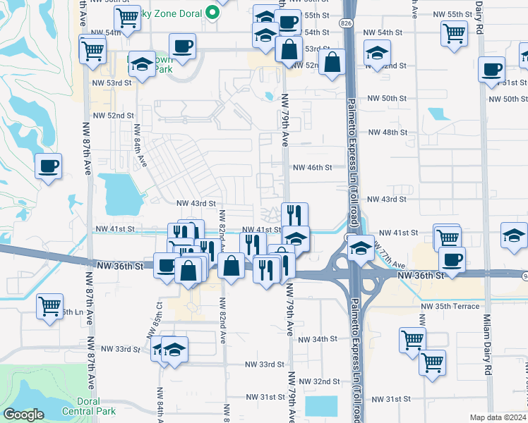 map of restaurants, bars, coffee shops, grocery stores, and more near 4190 Northwest 79th Avenue in Doral