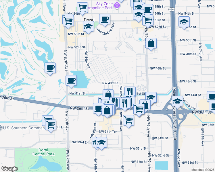 map of restaurants, bars, coffee shops, grocery stores, and more near 7901 Northwest 41st Street in Doral