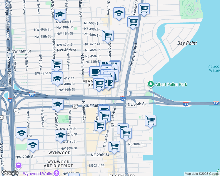 map of restaurants, bars, coffee shops, grocery stores, and more near 180 Northeast 39th Street in Miami
