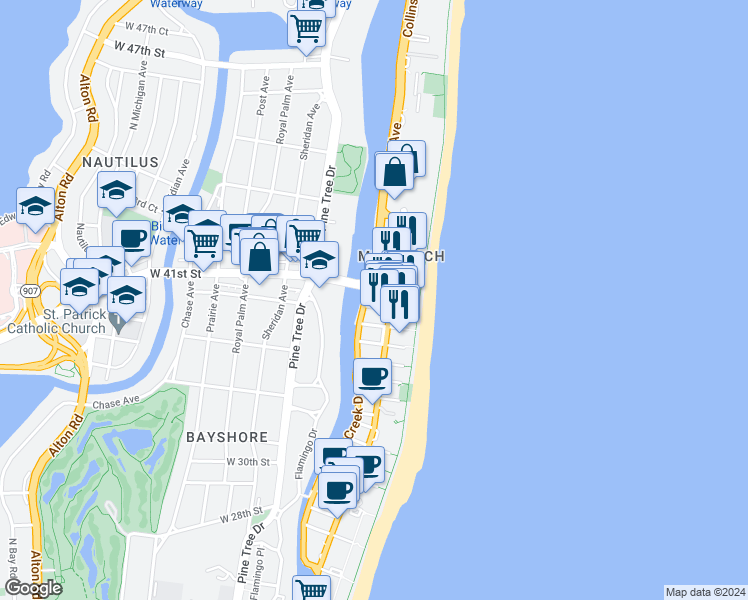 map of restaurants, bars, coffee shops, grocery stores, and more near 770 Indian Creek Drive in Miami Beach