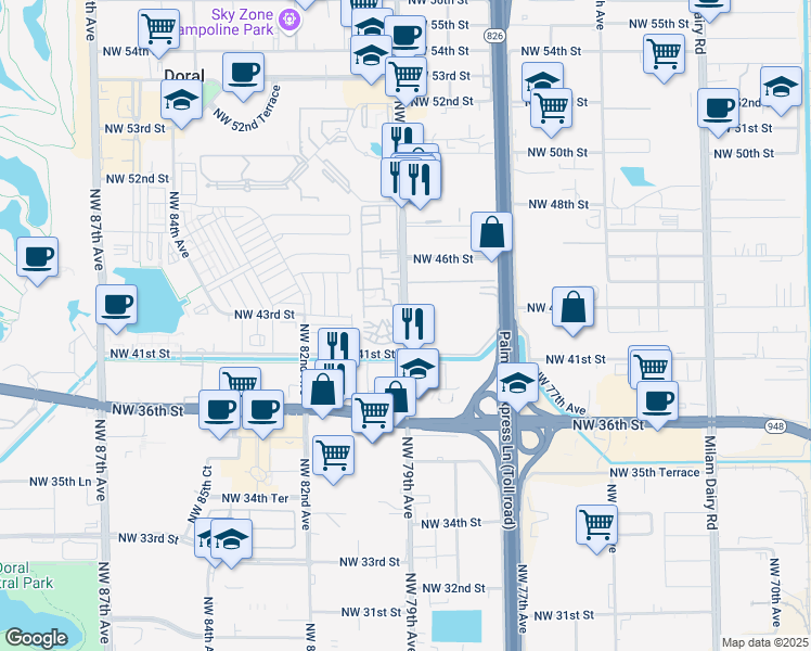 map of restaurants, bars, coffee shops, grocery stores, and more near 4421 Northwest 79th Avenue in Medley