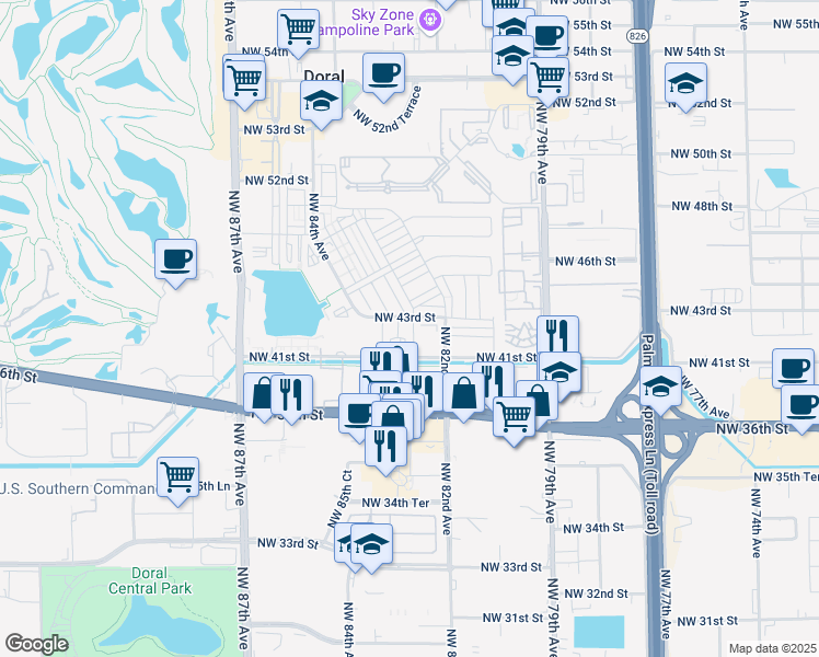 map of restaurants, bars, coffee shops, grocery stores, and more near 7901 Northwest 41st Street in Doral