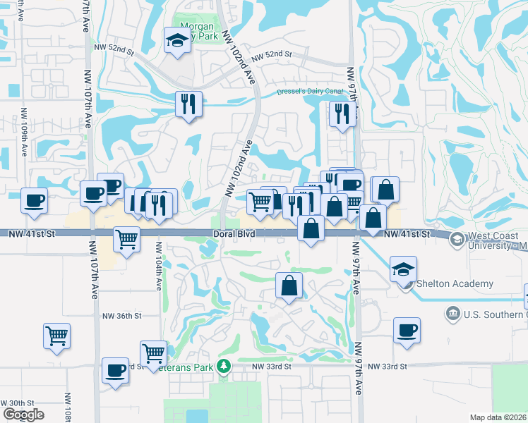 map of restaurants, bars, coffee shops, grocery stores, and more near 10059 Northwest 43rd Terrace in Doral
