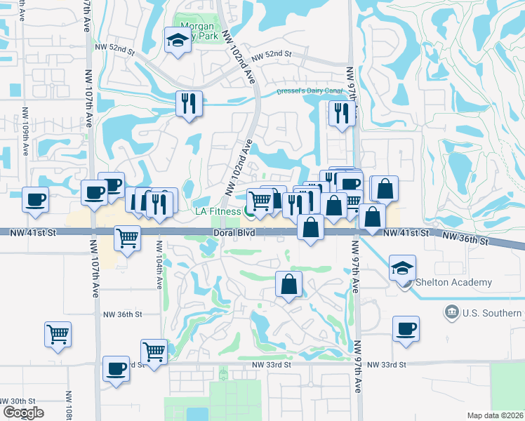 map of restaurants, bars, coffee shops, grocery stores, and more near 10059 Northwest 43rd Terrace in Doral