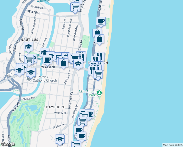 map of restaurants, bars, coffee shops, grocery stores, and more near 770 Indian Creek Drive in Miami Beach