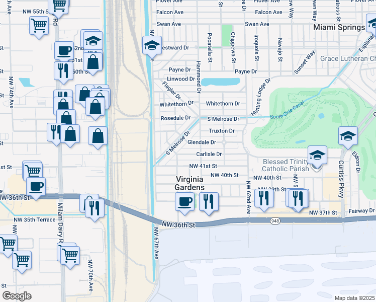 map of restaurants, bars, coffee shops, grocery stores, and more near 300 South Melrose Drive in Miami Springs