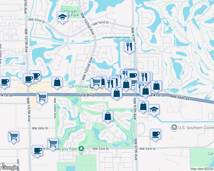 map of restaurants, bars, coffee shops, grocery stores, and more near 9951 Northwest 43rd Terrace in Doral