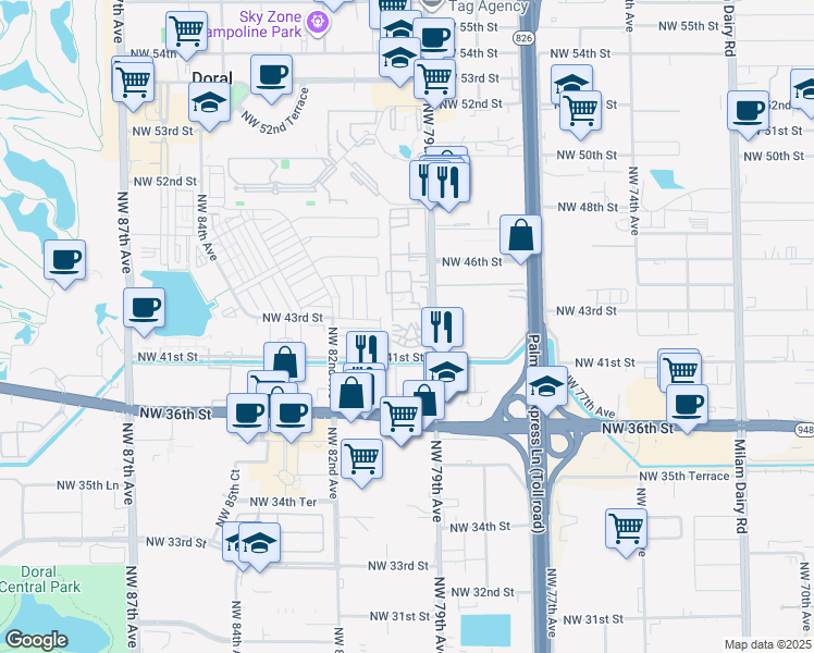 map of restaurants, bars, coffee shops, grocery stores, and more near 4350 Northwest 79th Avenue in Doral