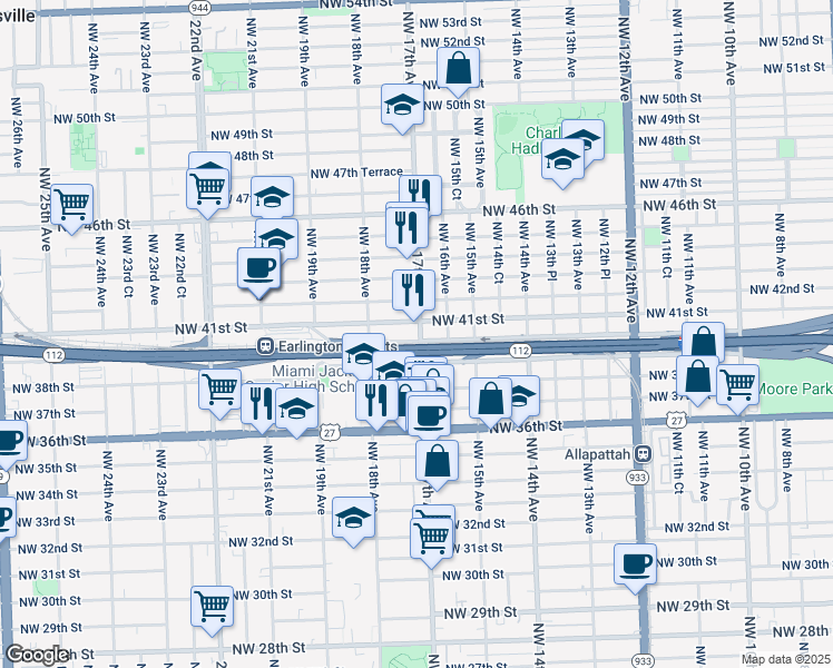 map of restaurants, bars, coffee shops, grocery stores, and more near 1701 Northwest 41st Street in Miami