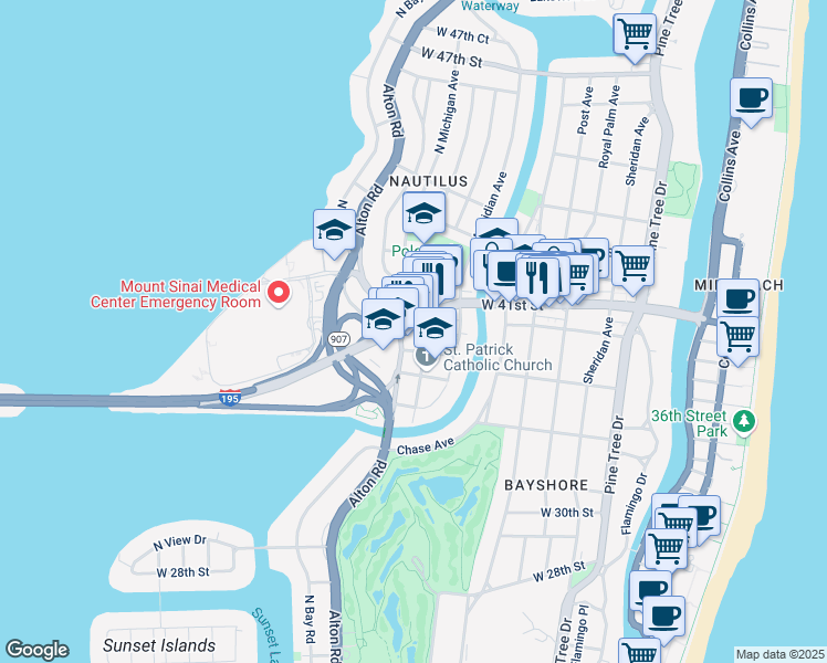 map of restaurants, bars, coffee shops, grocery stores, and more near 39 Southwest Michigan Avenue in Miami Beach