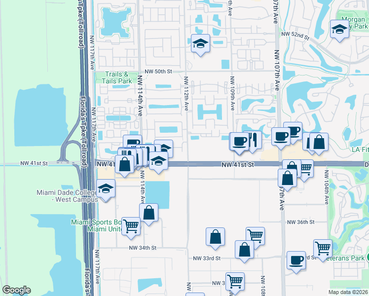 map of restaurants, bars, coffee shops, grocery stores, and more near 4311 Northwest 112th Court in Doral