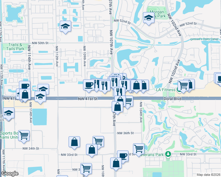 map of restaurants, bars, coffee shops, grocery stores, and more near 4200 Northwest 107th Avenue in Doral