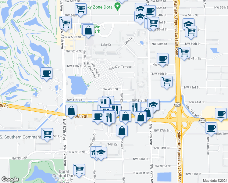 map of restaurants, bars, coffee shops, grocery stores, and more near 7901 Northwest 41st Street in Doral