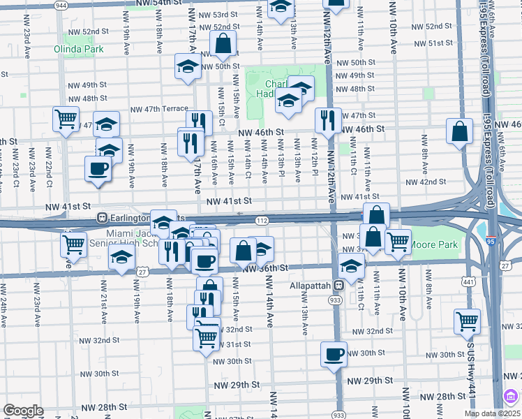 map of restaurants, bars, coffee shops, grocery stores, and more near 4100 Northwest 14th Avenue in Miami