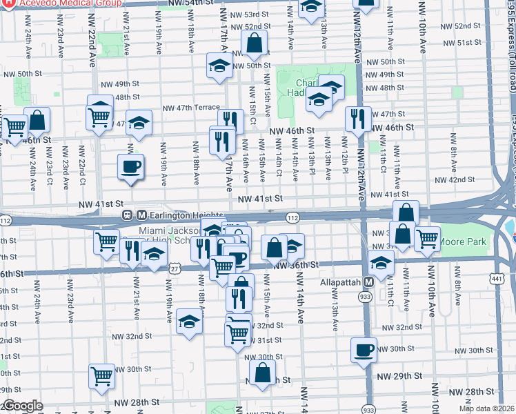 map of restaurants, bars, coffee shops, grocery stores, and more near 1545 Northwest 41st Street in Miami