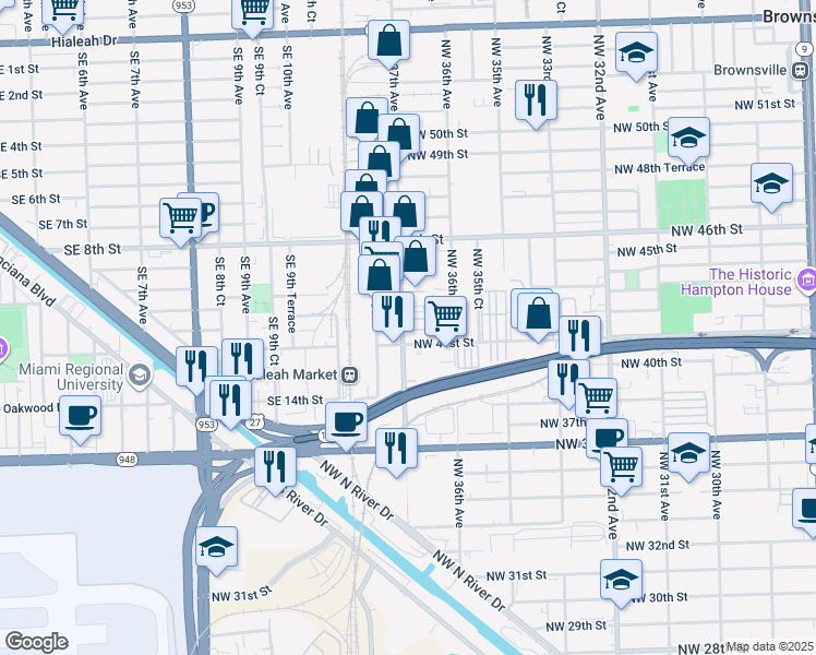 map of restaurants, bars, coffee shops, grocery stores, and more near 4253 Northwest 37th Avenue in Miami