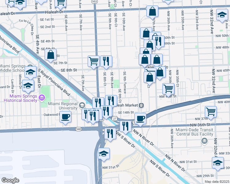 map of restaurants, bars, coffee shops, grocery stores, and more near 1050 Southeast 9th Court in Hialeah