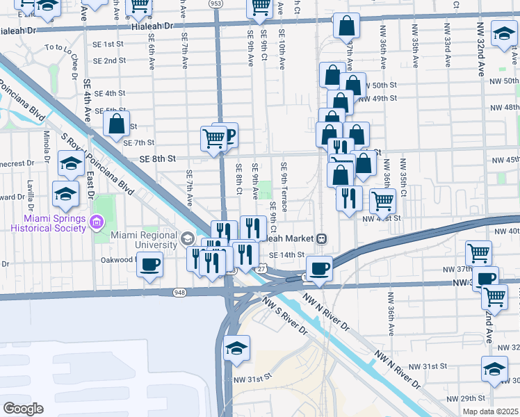 map of restaurants, bars, coffee shops, grocery stores, and more near 1050 Southeast 9th Court in Hialeah