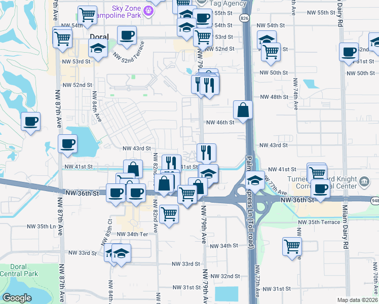 map of restaurants, bars, coffee shops, grocery stores, and more near 4350 Northwest 79th Avenue in Doral