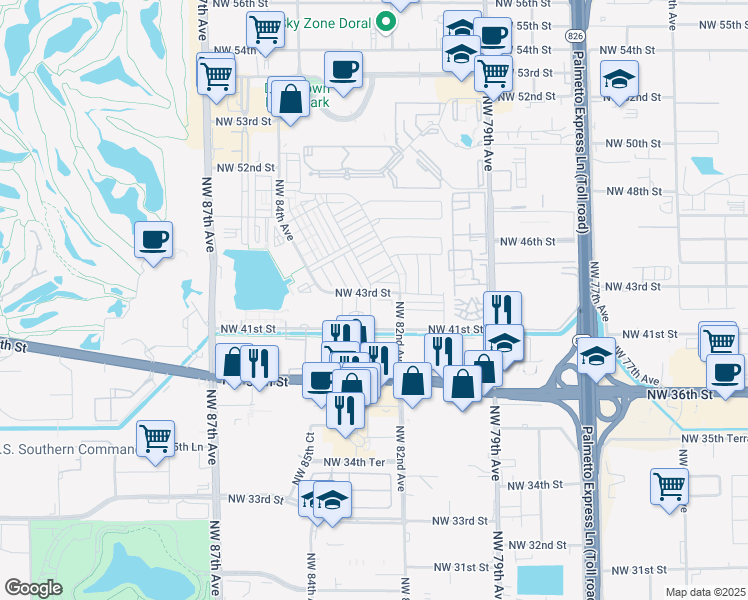 map of restaurants, bars, coffee shops, grocery stores, and more near 7901 Northwest 41st Street in Doral