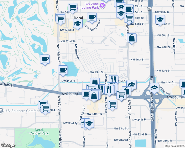map of restaurants, bars, coffee shops, grocery stores, and more near 7901 Northwest 41st Street in Doral