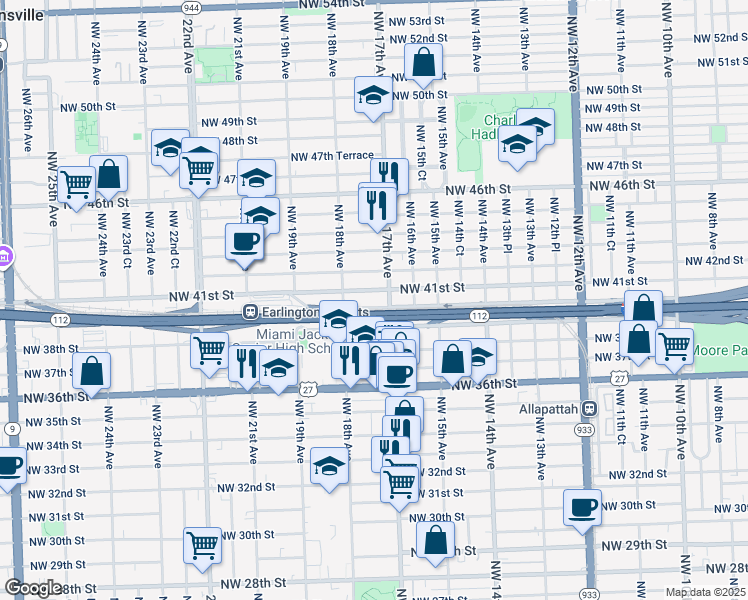 map of restaurants, bars, coffee shops, grocery stores, and more near 1733 Northwest 40th Street in Miami
