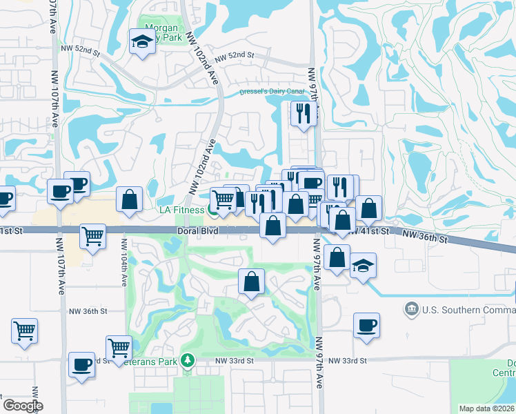 map of restaurants, bars, coffee shops, grocery stores, and more near 9811 Northwest 43rd Terrace in Doral