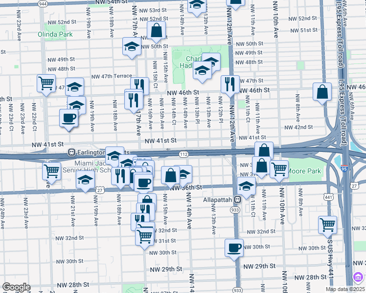 map of restaurants, bars, coffee shops, grocery stores, and more near 4100 Northwest 14th Avenue in Miami