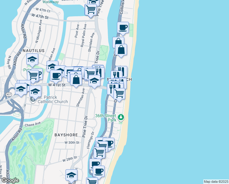 map of restaurants, bars, coffee shops, grocery stores, and more near 4000 Collins Avenue in Miami Beach