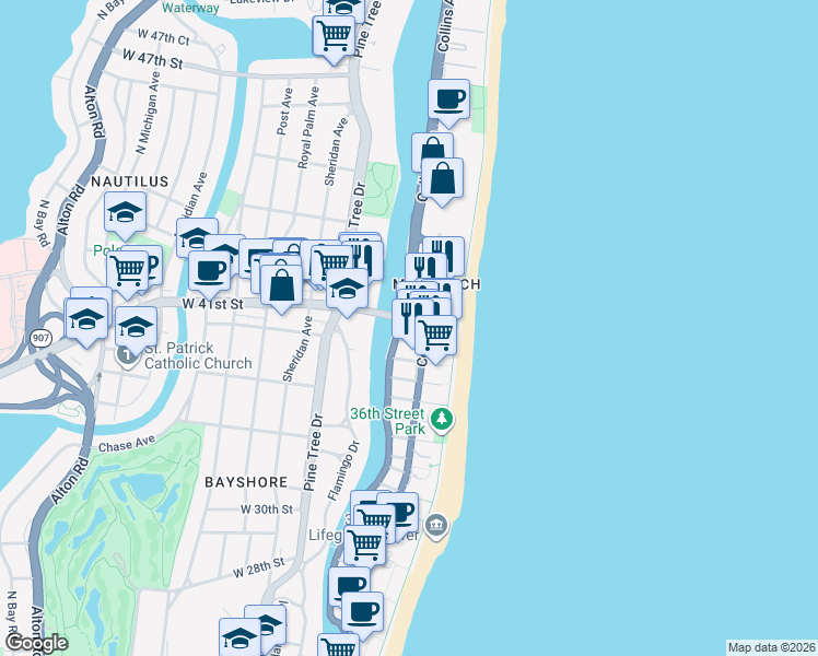 map of restaurants, bars, coffee shops, grocery stores, and more near 770 Indian Creek Drive in Miami Beach