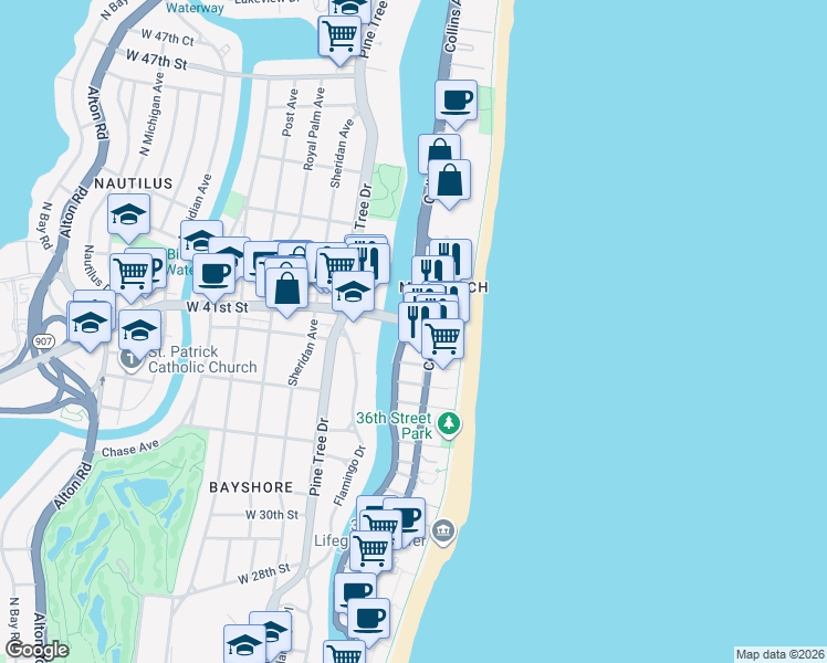 map of restaurants, bars, coffee shops, grocery stores, and more near 770 Indian Creek Drive in Miami Beach